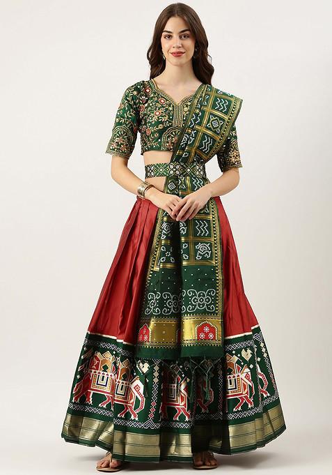 Red Woven Design Zari Embroidered Silk Lehenga Set