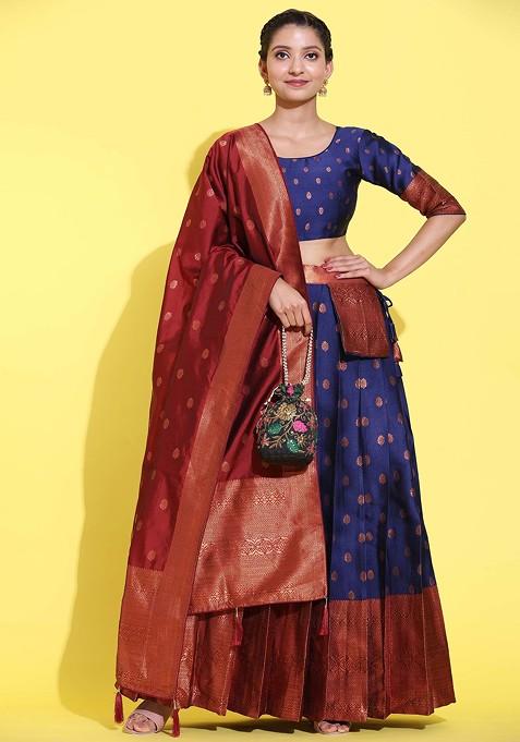 Blue Zari Embroidered Woven Design Litchi Silk Lehenga Set