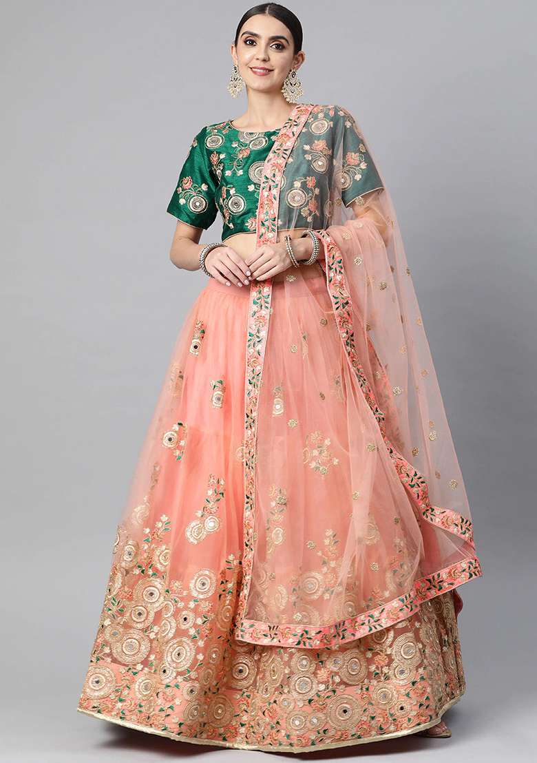 Peach Thread Embroidered Net Lehenga Set for Diwali and Festive Wear - Indya