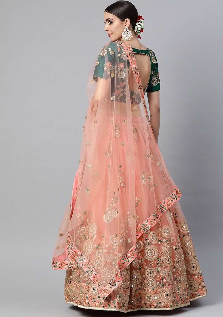 Peach Thread Embroidered Net Lehenga Set for Diwali and Festive Wear - Indya