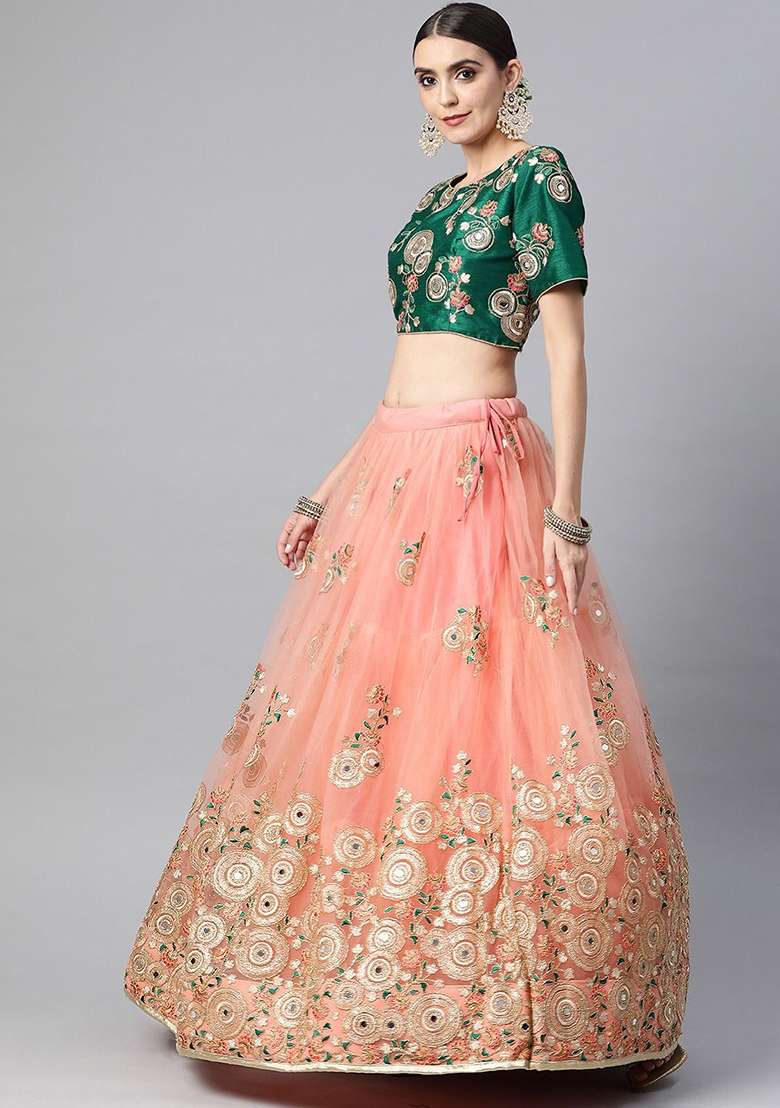 Peach Thread Embroidered Net Lehenga Set for Diwali and Festive Wear - Indya