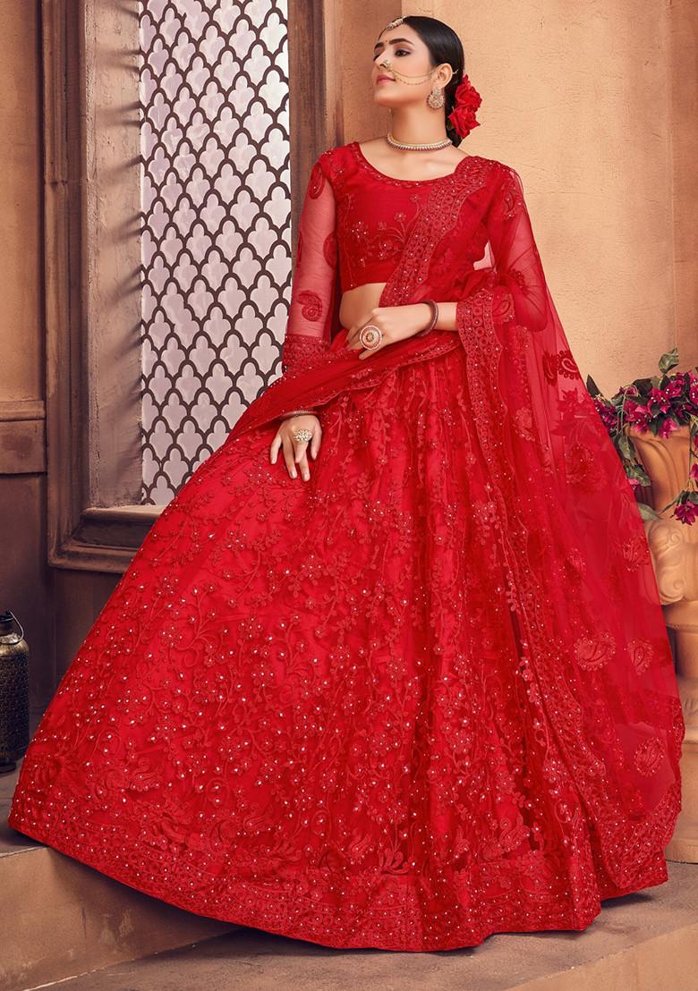 Dark Red Embroidered Net Lehenga Set - Indya