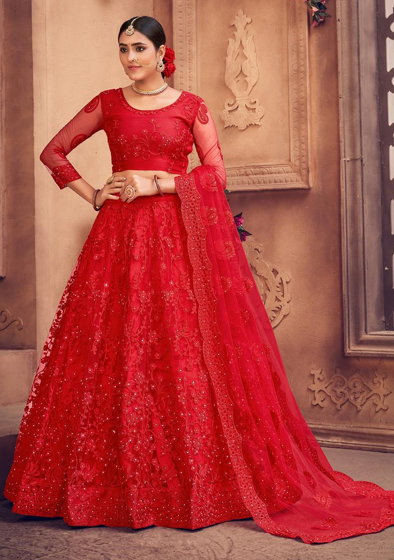 Dark Red Embroidered Net Lehenga Set