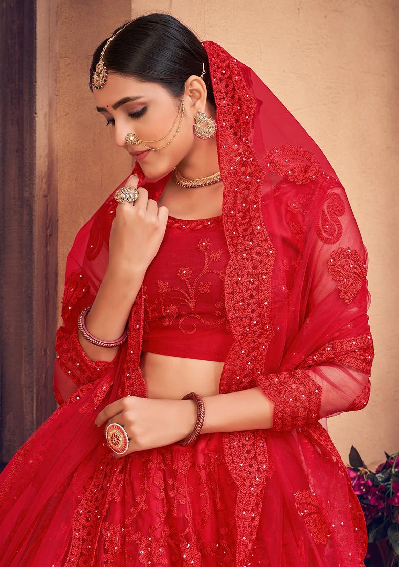 Dark Red Embroidered Net Lehenga Set