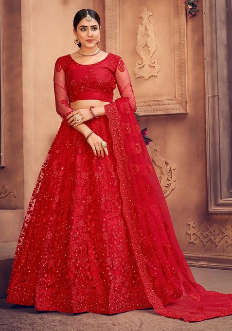 Dark Red Embroidered Net Lehenga Set