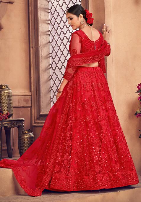 Dark Red Embroidered Net Lehenga Set