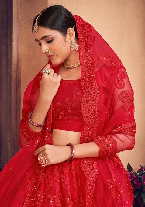Dark Red Embroidered Net Lehenga Set