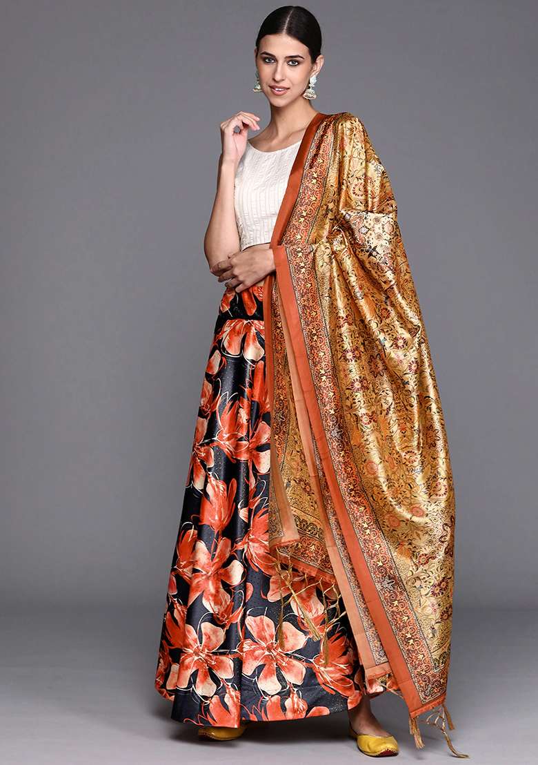 Red Printed Satin Silk Blend Lehenga Set for Diwali and Festive Wear - Indya