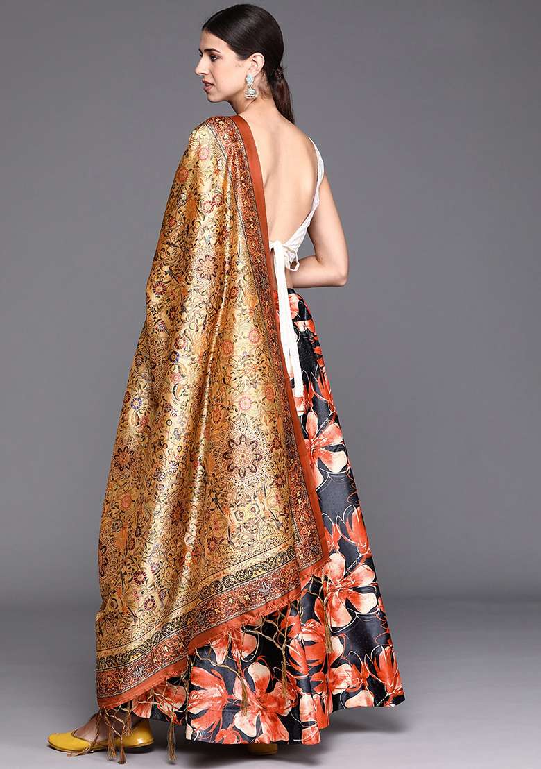 Red Printed Satin Silk Blend Lehenga Set for Diwali and Festive Wear - Indya