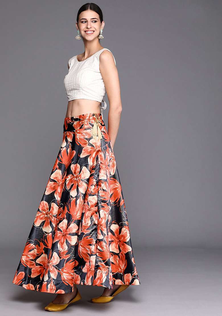 Red Printed Satin Silk Blend Lehenga Set for Diwali and Festive Wear - Indya