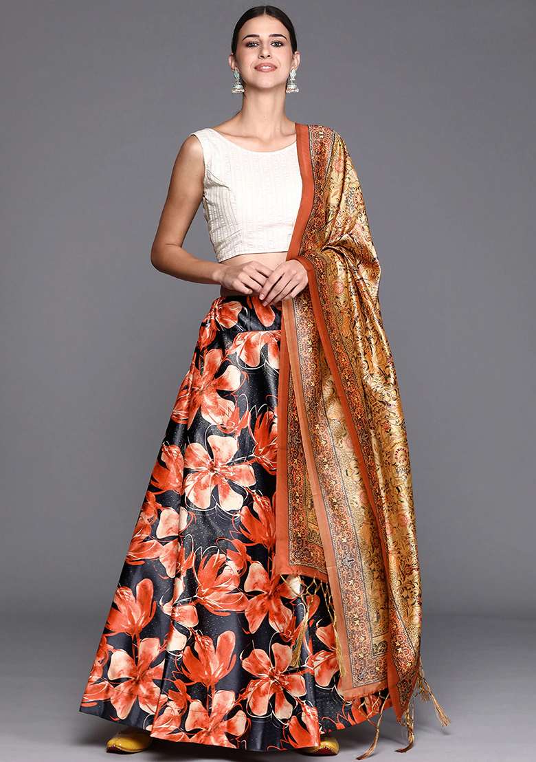 Red Printed Satin Silk Blend Lehenga Set for Diwali and Festive Wear - Indya
