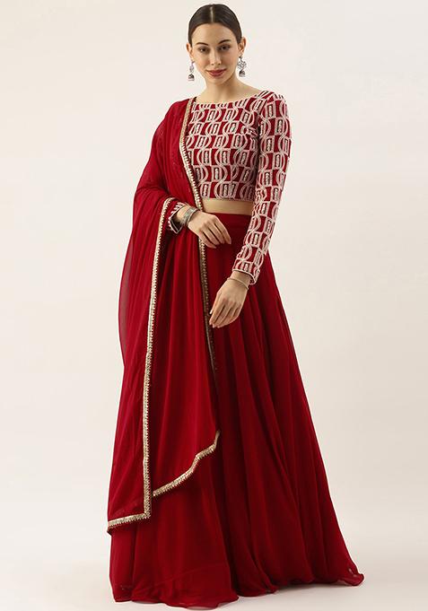 Maroon Embroidered Georgette Lehenga Set