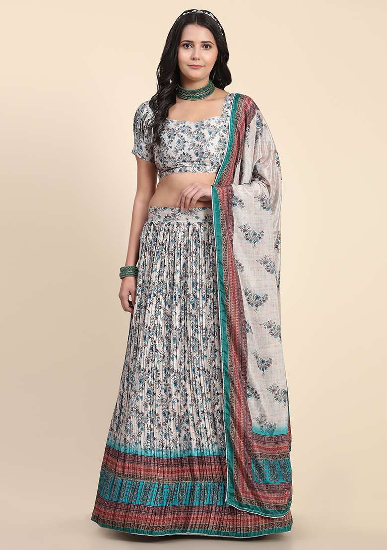 Grey Digital Print Silk Blend Lehenga Set for Diwali and Festive Wear - Indya