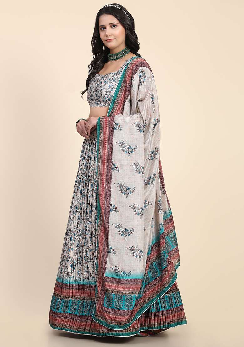 Grey Digital Print Silk Blend Lehenga Set for Diwali and Festive Wear - Indya