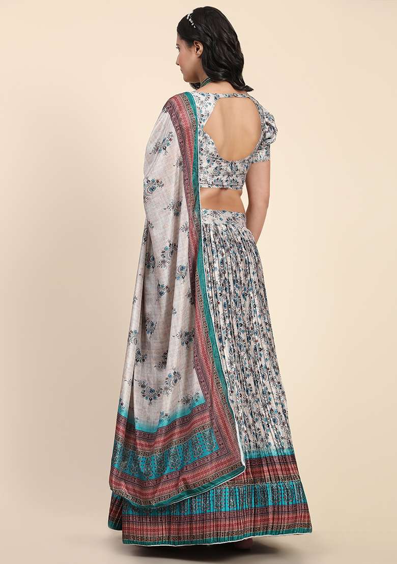 Grey Digital Print Silk Blend Lehenga Set for Diwali and Festive Wear - Indya
