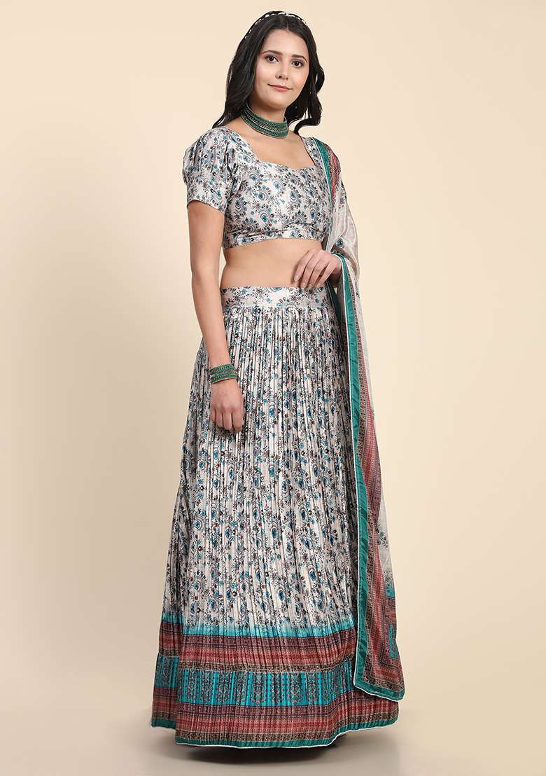 Grey Digital Print Silk Blend Lehenga Set for Diwali and Festive Wear - Indya