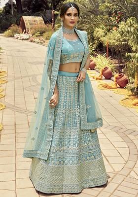 Turquoise Blue Gota Zari Embroidered Organza Lehenga Set