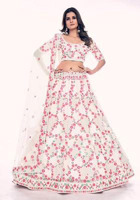 White Thread Embroidered Soft Net Lehenga Set