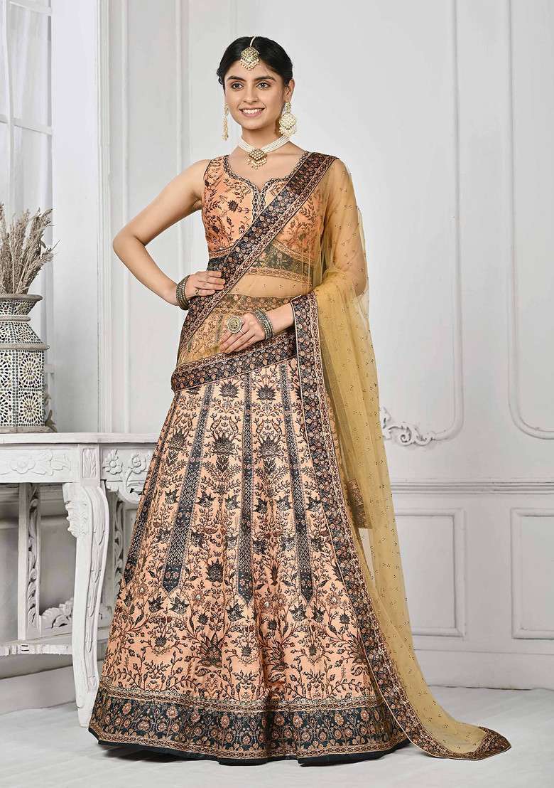 Peach Digital Print Silk Blend Lehenga Set - Indya