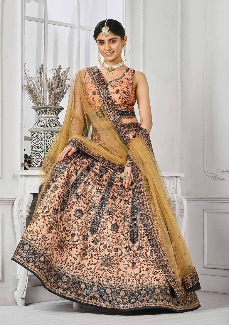 Peach Digital Print Silk Blend Lehenga Set - Indya