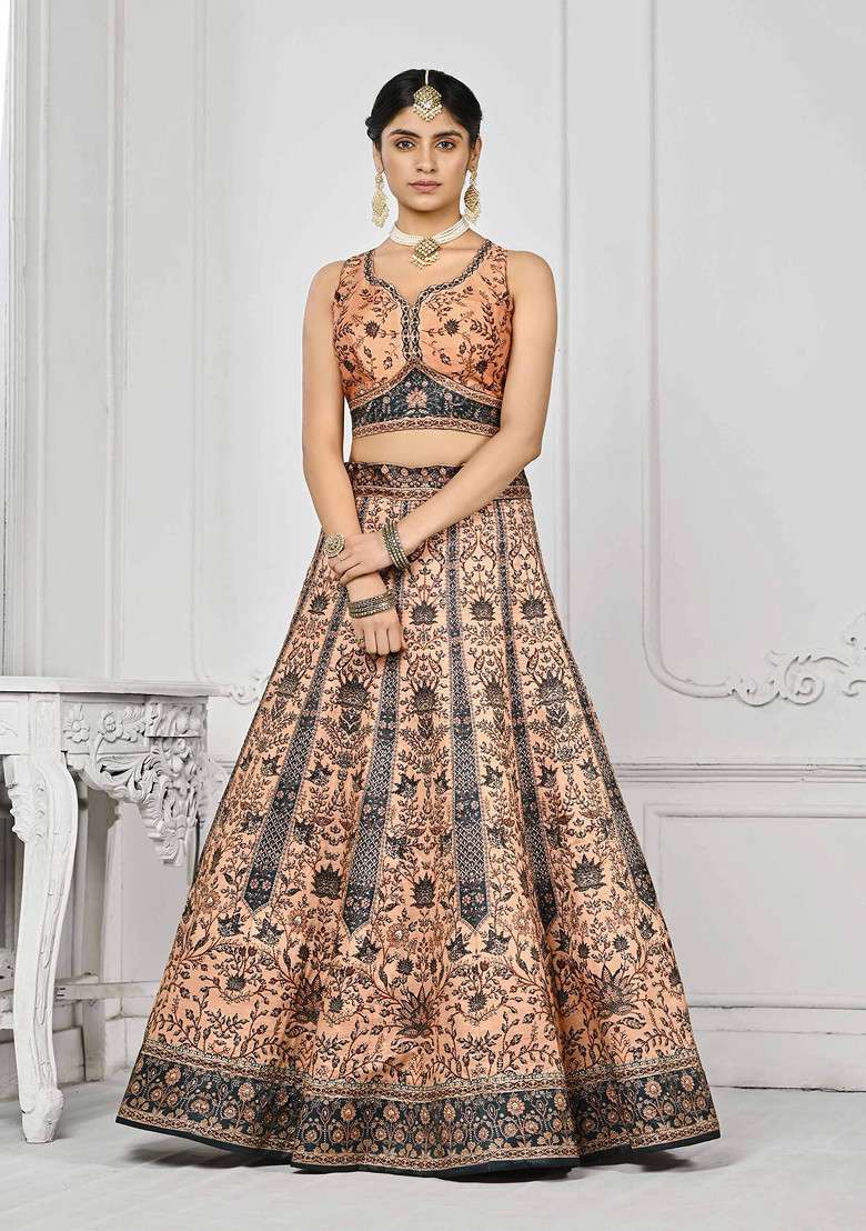 Peach Digital Print Silk Blend Lehenga Set - Indya