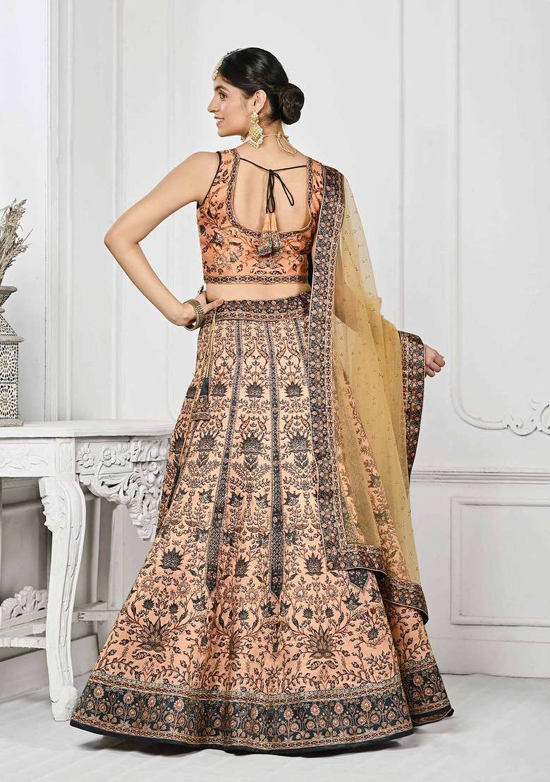Peach Digital Print Silk Blend Lehenga Set - Indya