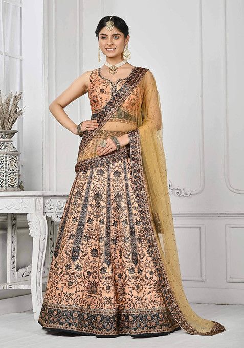 Peach Digital Print Silk Blend Lehenga Set