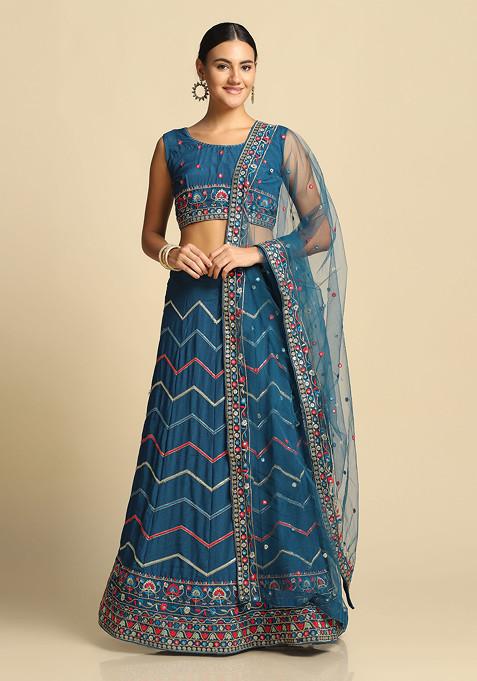 Navy Blue Thread Embroidered Vichitra Lehenga Set