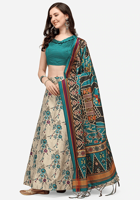 Multicolor Printed Silk Lehenga Set