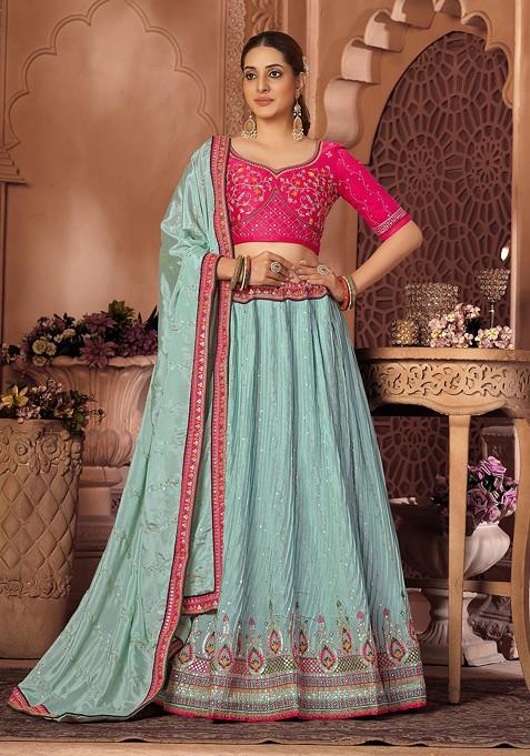 Pink Embroidered Chinon Lehenga Set