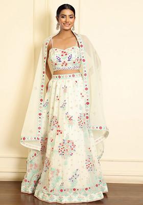 Off White Thread Embroidered Faux Georgette Lehenga Set