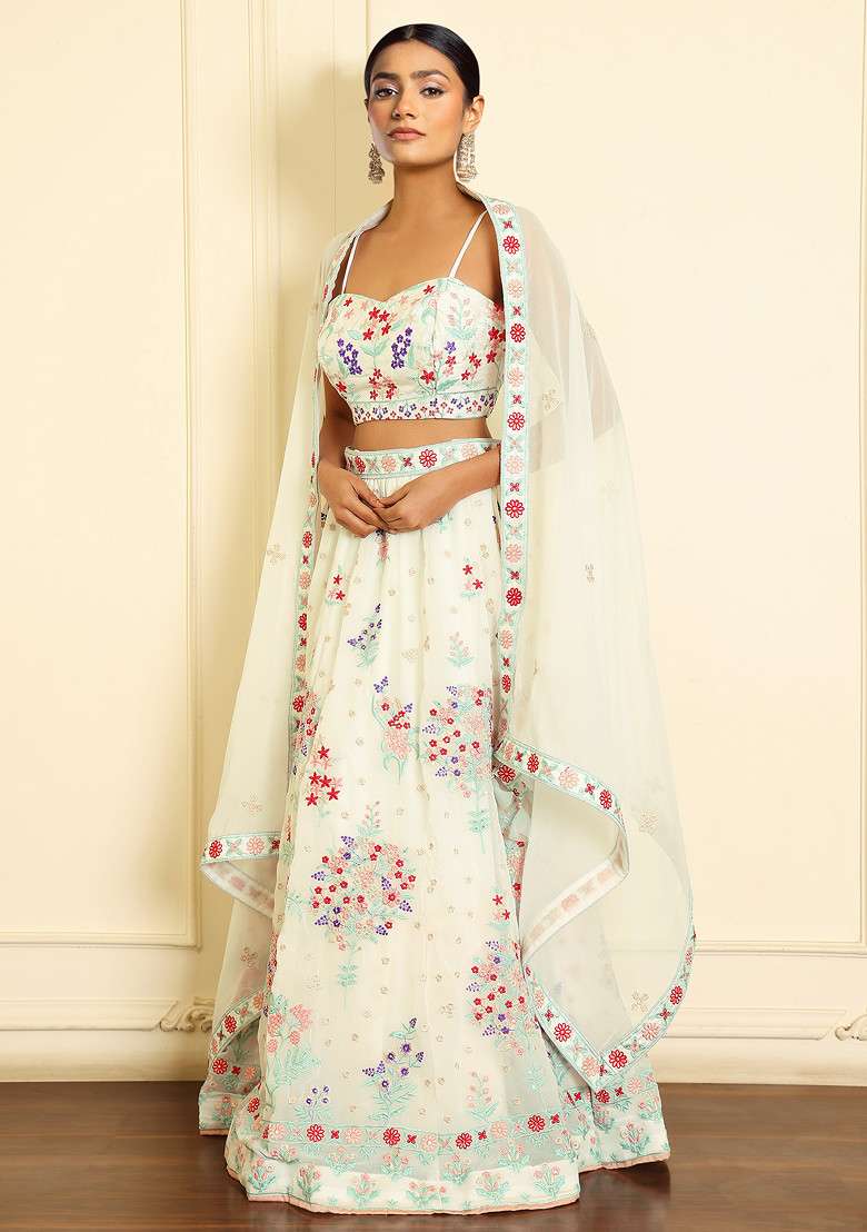 Off White Thread Embroidered Faux Georgette Lehenga Set for Diwali and Festive Wear - Indya