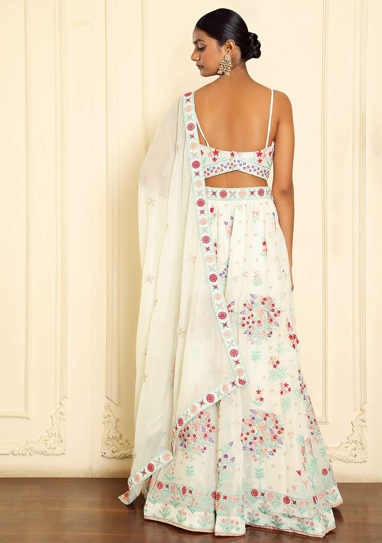 Off White Thread Embroidered Faux Georgette Lehenga Set for Diwali and Festive Wear - Indya