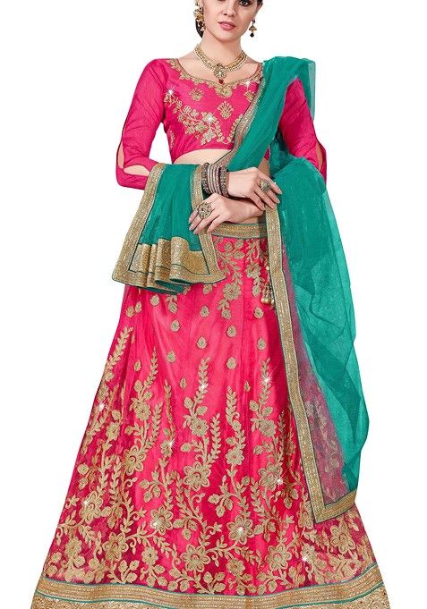 Pink Embroidered Net Lehenga Set