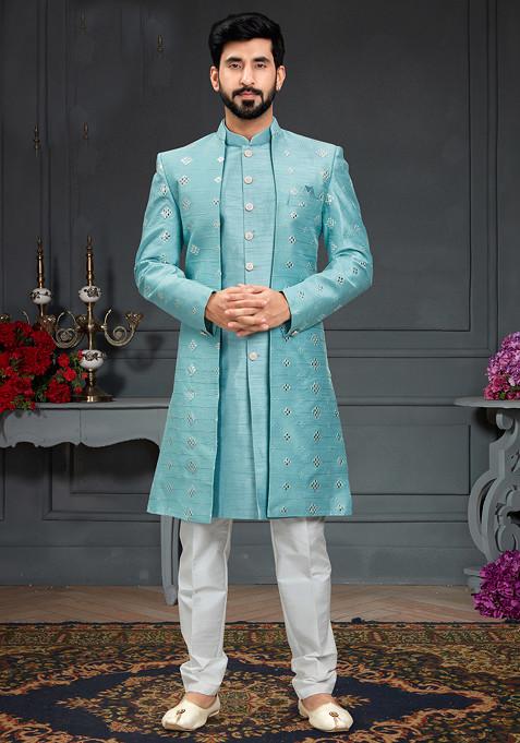 Dusty Aqua Blue Embroidered Indo Western Jacket And Kurta Set For Men