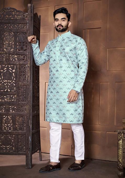 Blue Embroidered Silk Kurta Set For Men