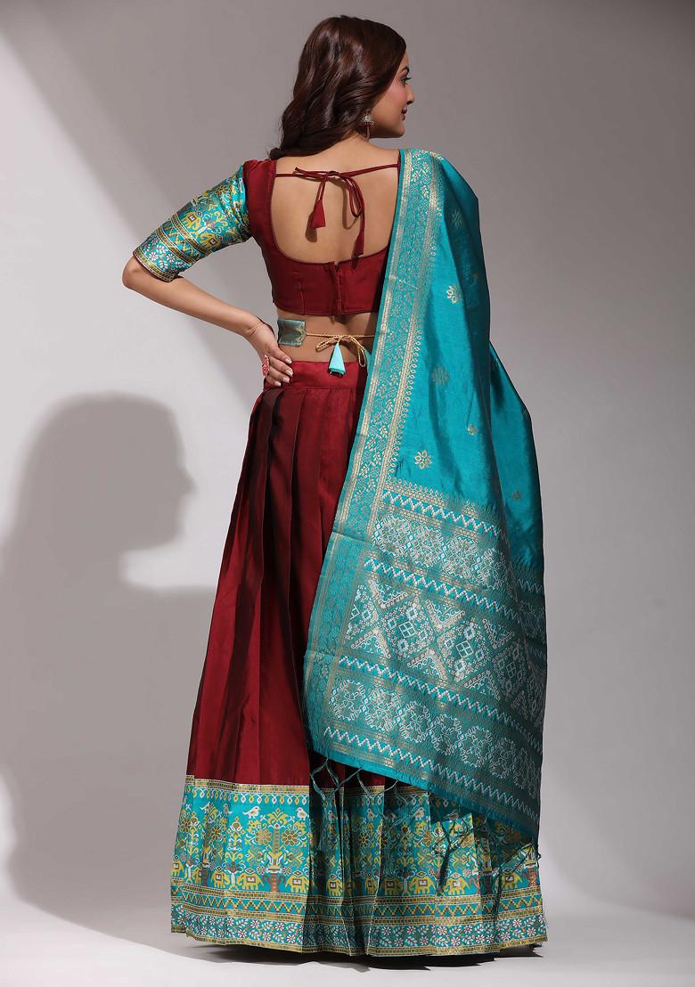 Maroon Woven Design Zari Embroidered Litchi Silk Lehenga Set