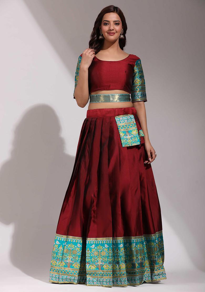 Maroon Woven Design Zari Embroidered Litchi Silk Lehenga Set