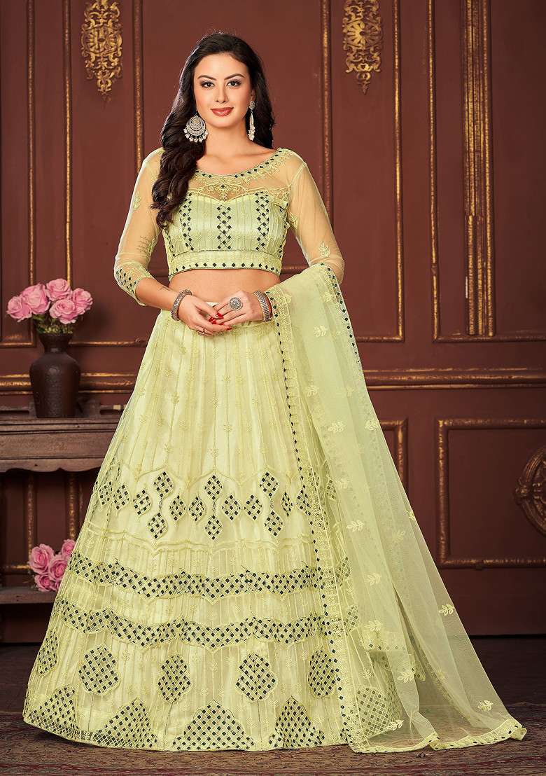 Yellow Embroidered Net Lehenga Set - Indya
