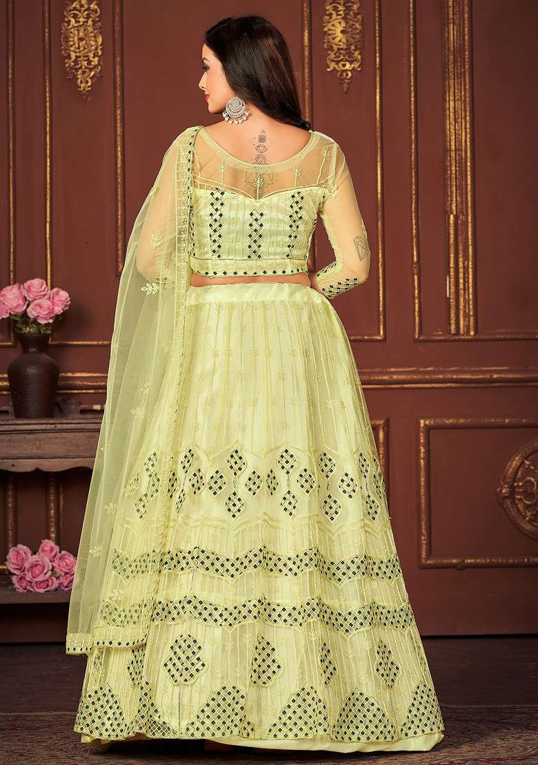 Yellow Embroidered Net Lehenga Set - Indya