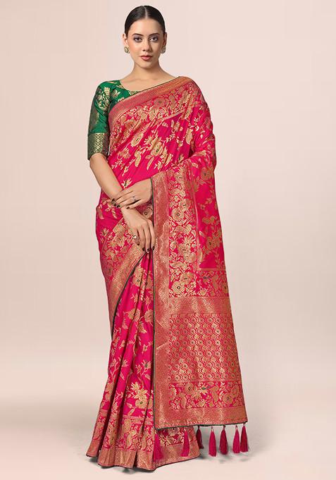 Magenta Zari Work Banarasi Silk Saree With Blouse