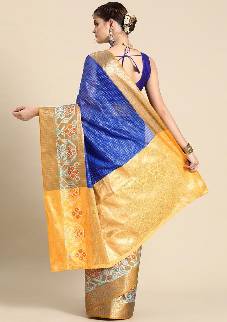Blue Zari Work Art Silk Ikkat Pattu Saree With Blouse - Indya