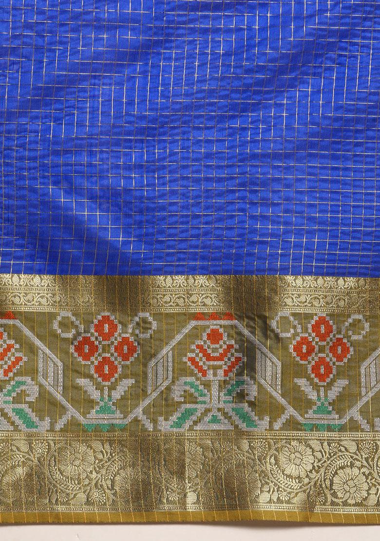 Blue Zari Work Art Silk Ikkat Pattu Saree With Blouse - Indya