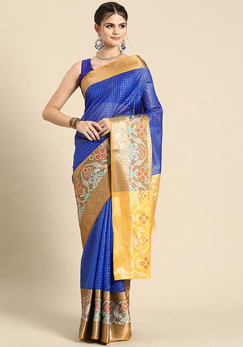 Blue Zari Work Art Silk Ikkat Pattu Saree With Blouse