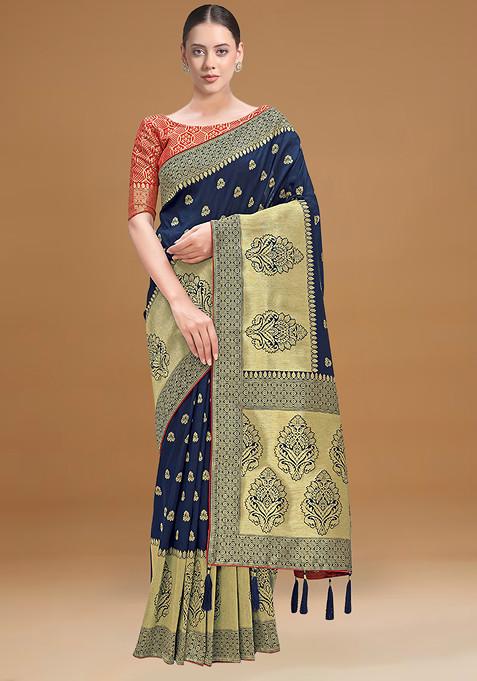 Navy Zari Embroidered Banarasi Silk Saree With Blouse