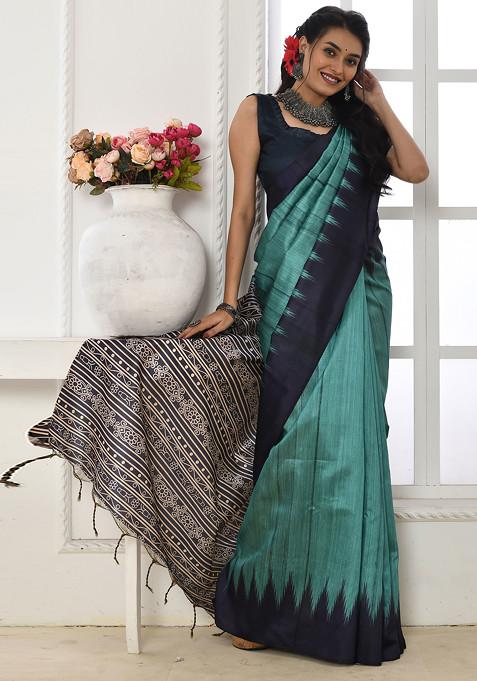 Firozi Printed Tussar Silk Saree Set