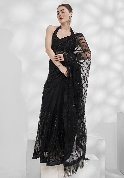 Black Thread Sequin Embroidered Net Saree