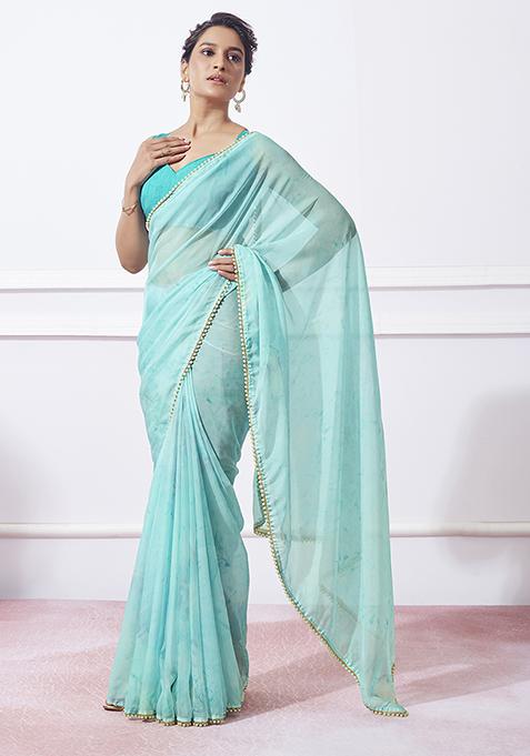 Blue Printed Mirror Embellished Organza Saree