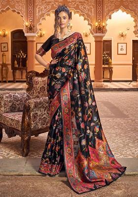 Black Woven Thread Work Banarasi Cotton Blend Saree Set