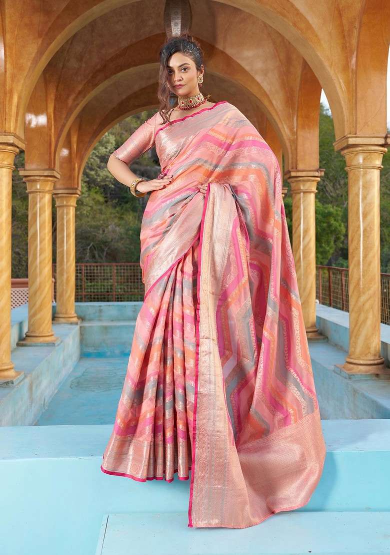 Pink Zari Woven Work Banarasi Silk Blend Saree Set for Diwali and Festive Wear - Indya